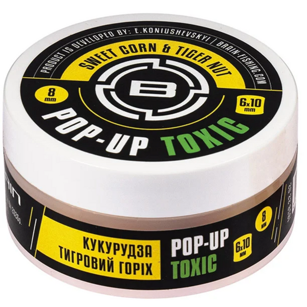 Бойли Brain Toxic Pop-Up Sweet Corn-Tiger Nut Кукурудза-тигровий горіх 8mm+6х10mm 34g 103829 фото Бойли Brain Toxic Pop-Up Sweet Corn-Tiger Nut Кукурудза-тигровий горіх 8mm+6х10mm 34g 103829 фото
